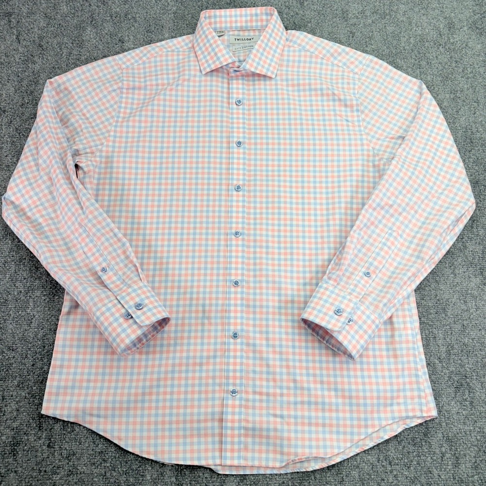 Twillory Shirt Men 17 34/35 Multi Gingham Check Noniron Safe Cotton Tailored Fit